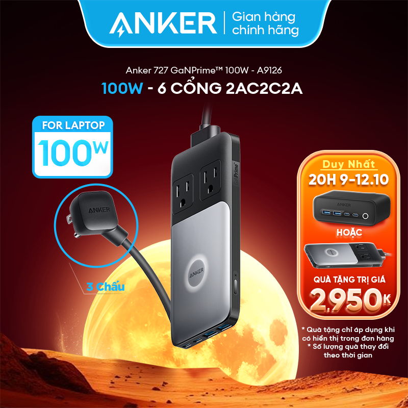 Trạm sạc nhanh đa năng Anker 727 GaNPrime 100W - 6 cổng 2C2A2AC sạc 6 thiết bị cùng 1 lúc | Đèn LED báo hiệu thông minh | Dây dài 1.5m - A9126