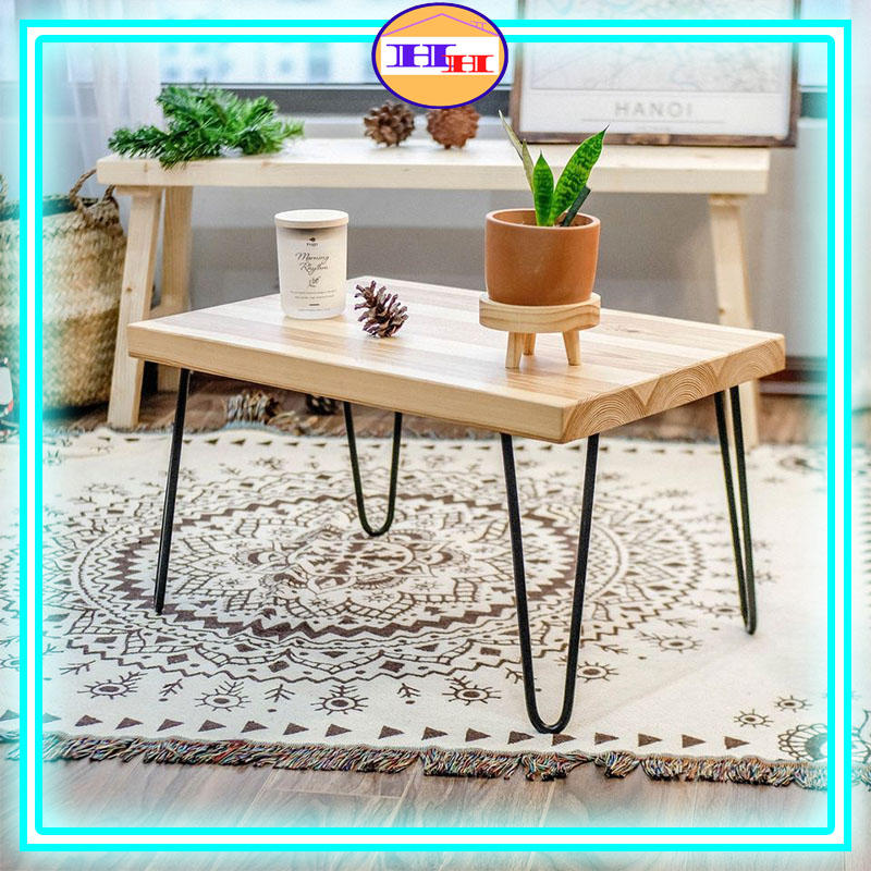 Bàn trà cafe chân sắt hairpin,Bàn sofa bằng gỗ thông phòng khách - Huy Hùng Decor Nội Thất