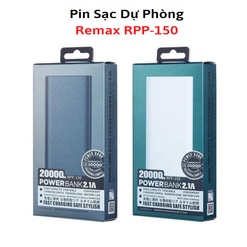 Sạc dự phòng 20000mah pin dự phòng dung lượng cao remax rpp 150 2 cổng sạc nhanh micro và type-c, đầu ra usb kép, đảm bảo an toàn chống cháy nổ