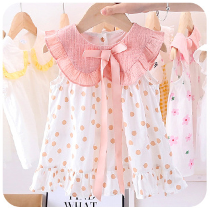 Váy công chúa chấm bi cao cấp sát nách, cổ lá sen đính nơ cho bé gái