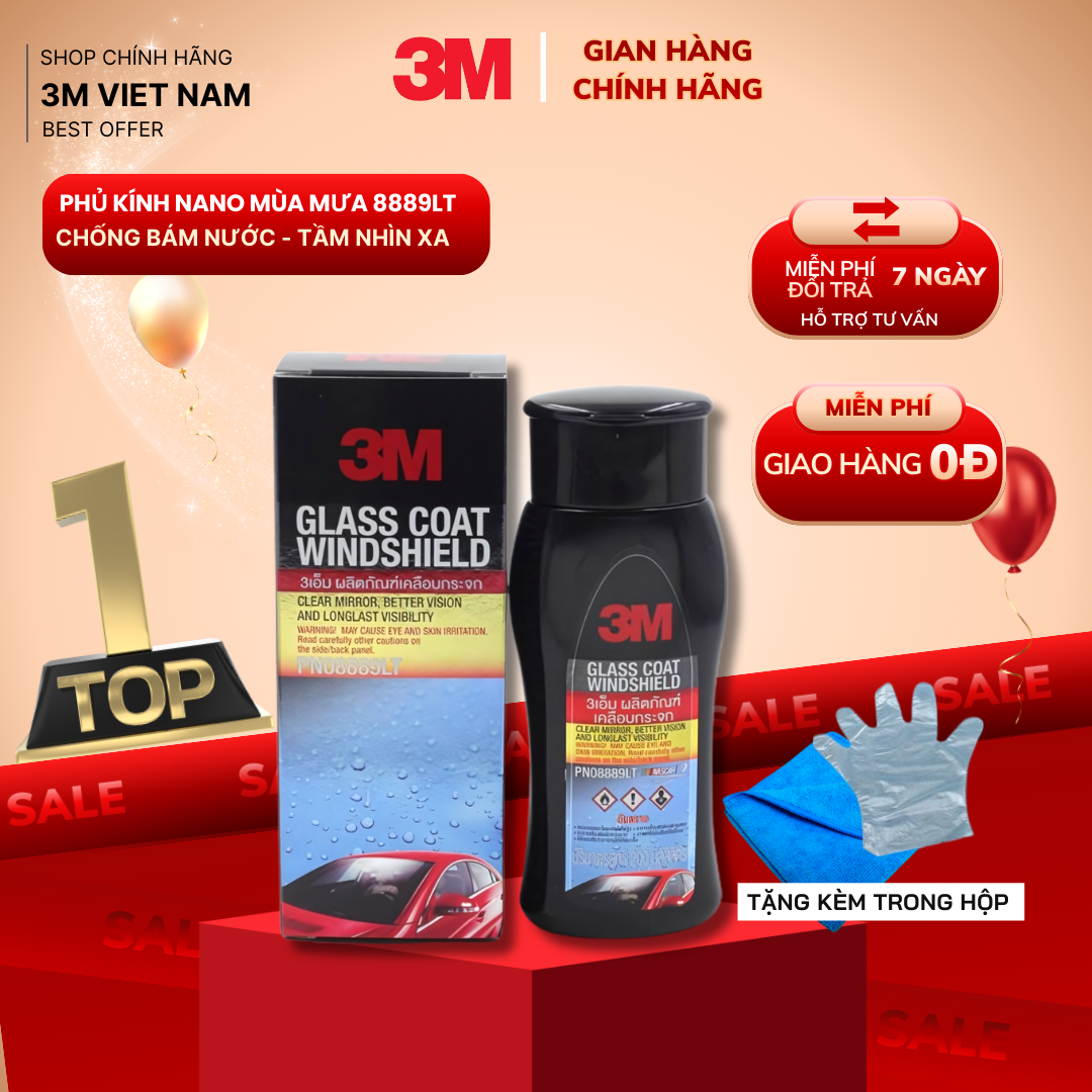 Dung Dịch Chống Bám Nước Kính Xe 3M™ 08889LT 200ml - Hàng Chính Hãng Nhập Khẩu Thái Lan (Tặng Kèm Khăn Lau  Găng Tay)