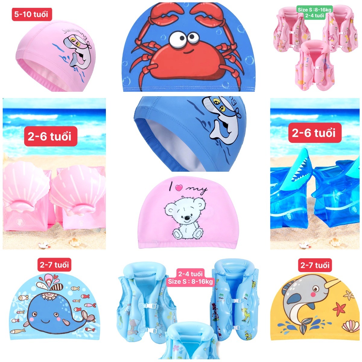 Phụ kiện đồ bơi (Nón, mắt kính, phao tay, áo phao) tập bơi, đi biển cho bé trai, bé gái