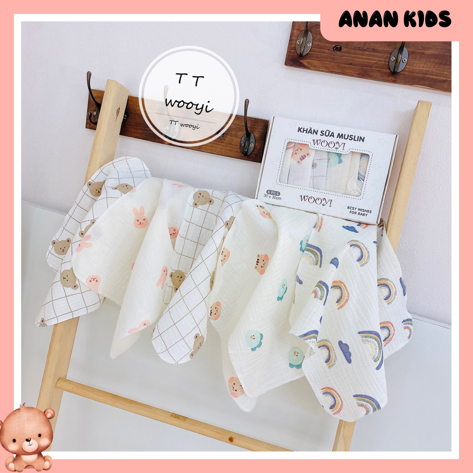 Hộp 6 Khăn Sữa 2 Lớp Muslin WOOYI Mềm Mại, Thấm Hút Cho Bé KT 30x30cm
