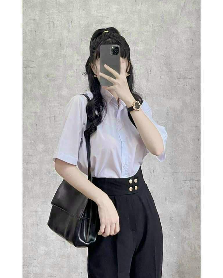 Set áo sơ mi form rộng tay lỡ kate mềm phối quần baggy 4 nút