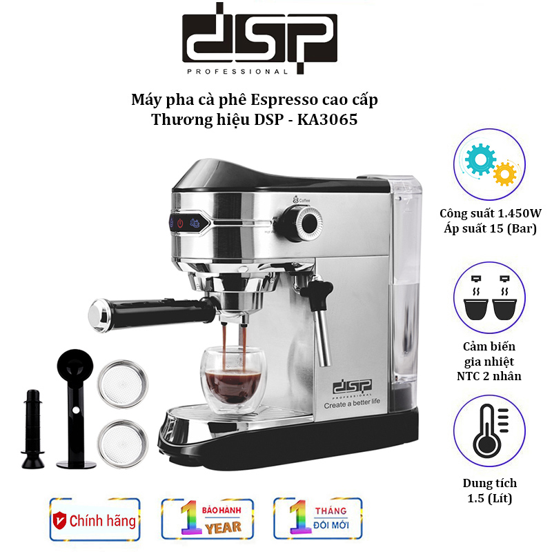 Máy pha cà phê espresso nhãn hiệu dsp ka3065 - áp suất 15 bar, có công suất hoạt động mạnh mẽ lên đến 1450w - bảo hành 12 tháng