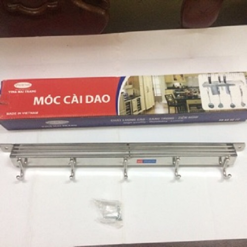 Giá treo dao, thớt, móc cài dao thớt treo tường inox dài 40cm kèm 5 móc và 3 hàng cài dao