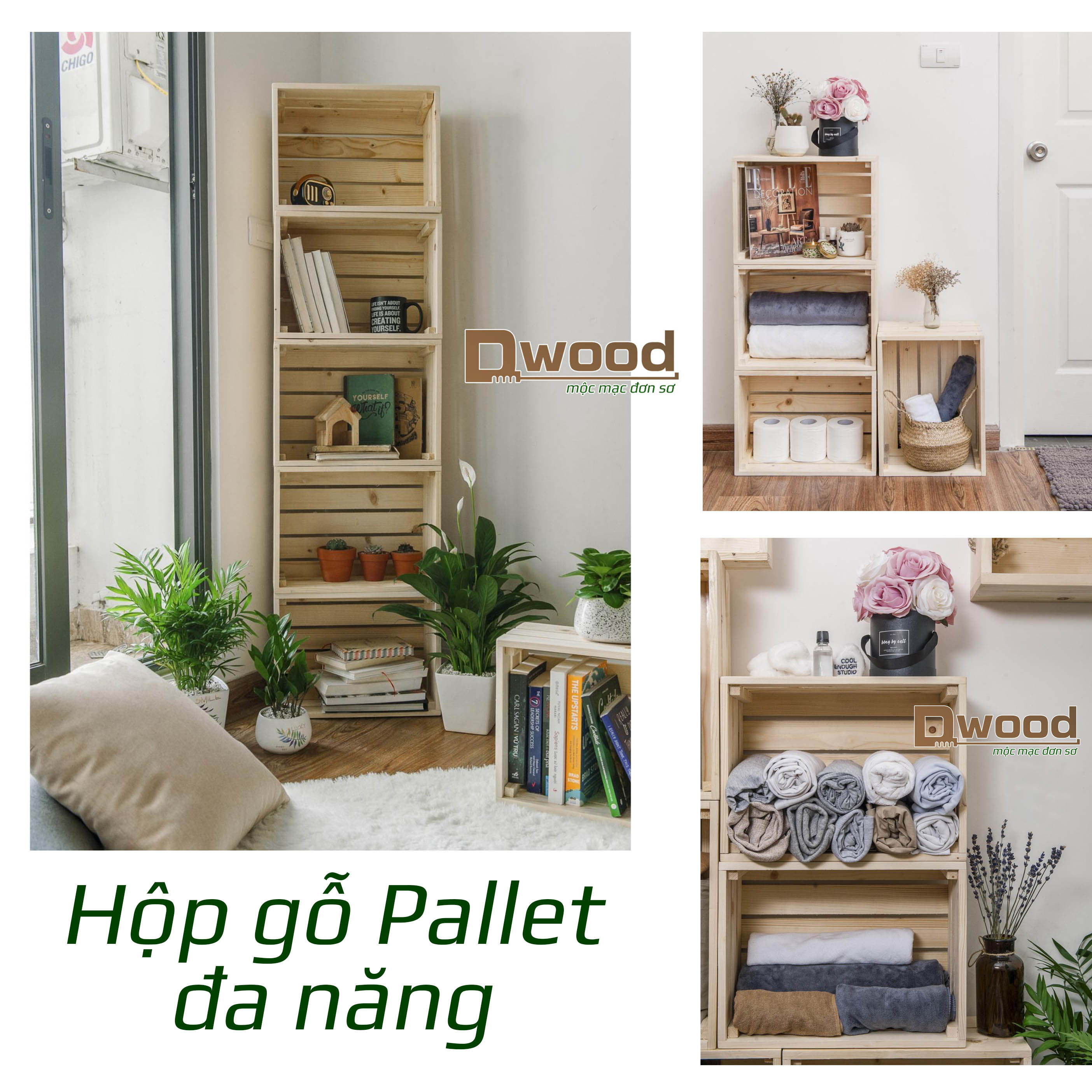 [HCM][Decor] Hộp gỗ pallet DWOOD đa năng thùng gỗ pallet đựng đồ bằng gỗ thông decor không gian- nhiều size