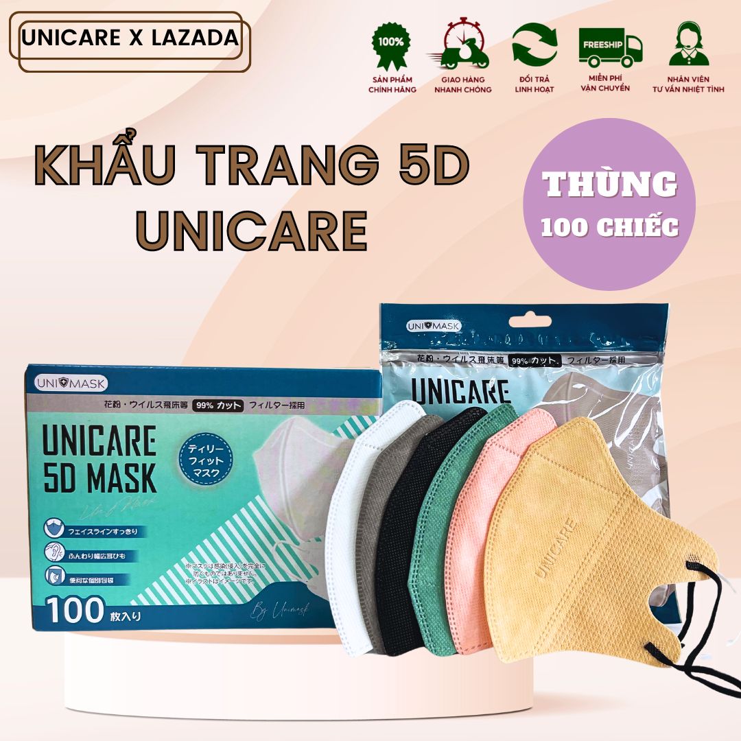Thùng 100 Chiếc Khẩu Trang 5D UNICARE, Khẩu trang 3 lớp kháng khuẩn , kháng bụi , ngăn ngừa tia UV, Khẩu trang chính hãng thế hệ mới