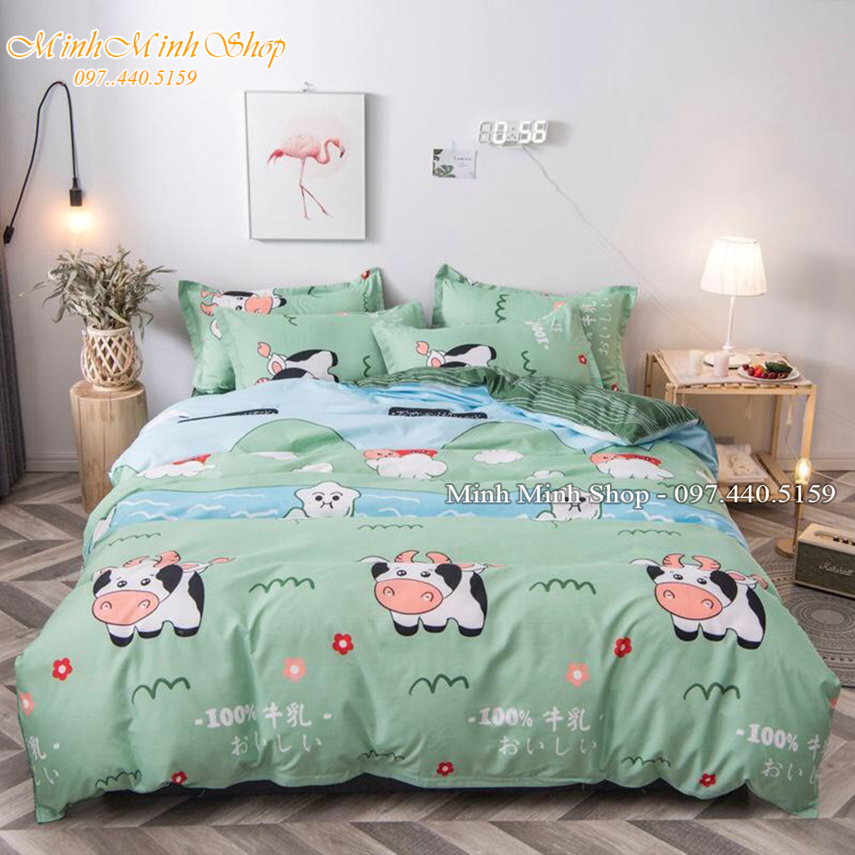 [ Siêu Sale ] Vỏ Chăn, Sét 5 Món Vỏ Chăn 1m9 x 2m1 Kèm Ga Gối Nhiều Kích Thước, Chất Cotton Poly Mẫu BÒ SỮA XANH ( được chọn mẫu )
