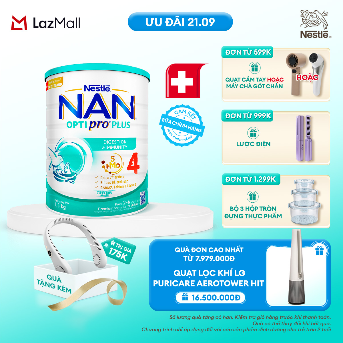 [Tặng Quạt đeo cổ] Sữa Bột Nestlé NAN OPTIPRO PLUS 4 1500g Cho Bé 2 - 6 Tuổi: Công Thức Độc Quyền Nhập Khẩu Từ Thụy Sỹ, Chứa Phức Hợp 5-HMO