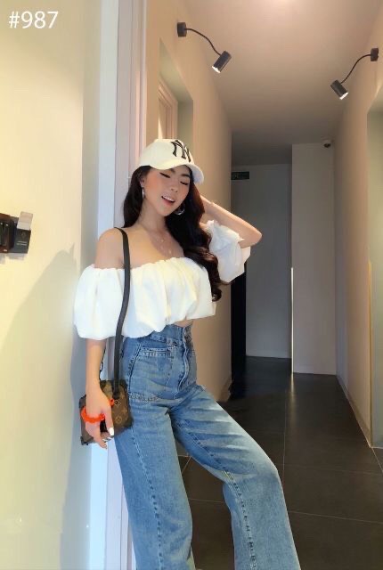 Áo trễ vai 2 lớp tay bồng bo thun croptop MC