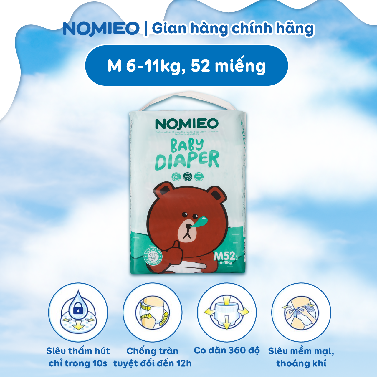 Tã/ bỉm dán nomieo nội địa singapore mỏng nhẹ và chống tràn size m / 6-11kg / 52 miếng