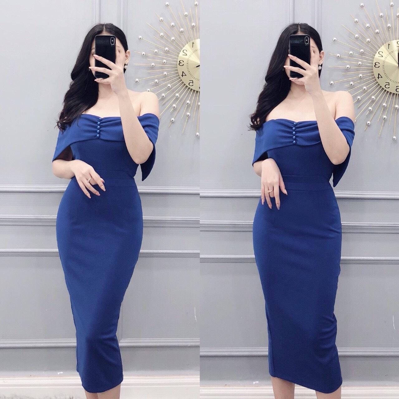 HÀNG THIẾT KẾ CAO CẤP - ĐẦM BODY CỔ BẺ KẾT NÚT SANG CHẢNH