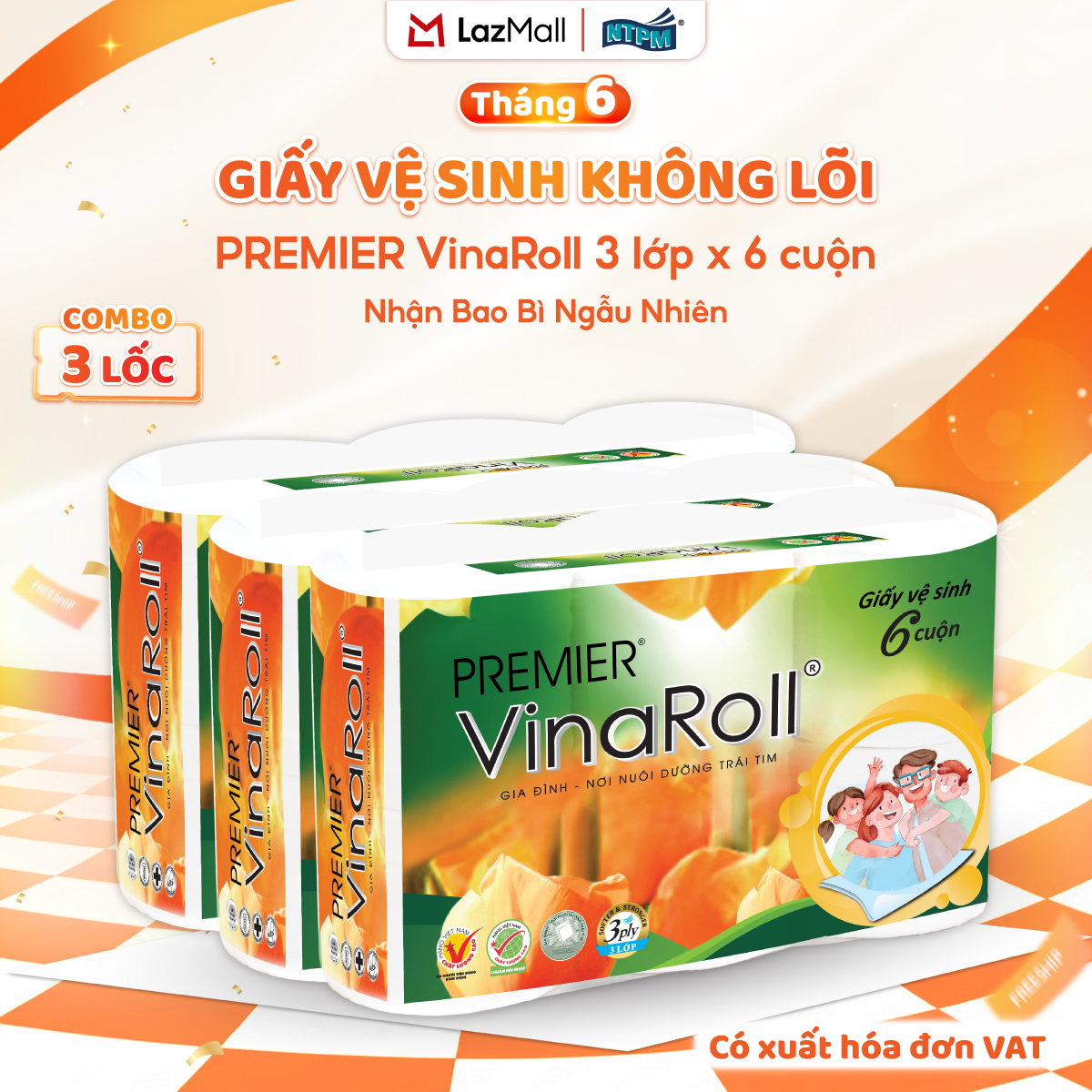 [COMBO 3 LỐC] Giấy vệ sinh PREMIER VinaRoll không lõi, 3 lớp - 100% bột giấy nguyên sinh, không chất tẩy, 6 cuộn/lốc - Chính hãng