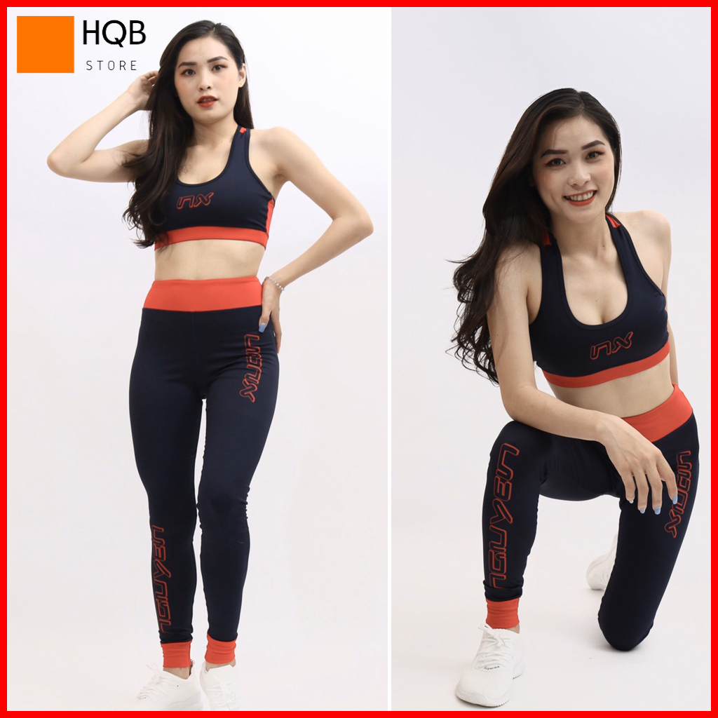 Bộ đồ tập gym yoga nữ màu đen viền cam, áo bra quần gym dài co giãn 4 chiều cao cấp, quần áo tập thể thao, tâp nhảy aerobic, zumba