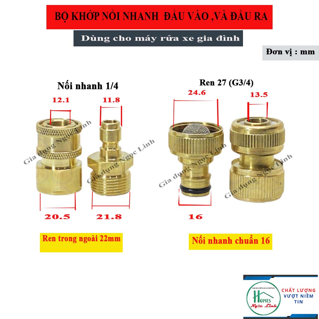 Combo Bộ khớp nối nhanh đầu VÀO và đầu RA của máy rửa xe mini gia đình - FULL ĐỒNG