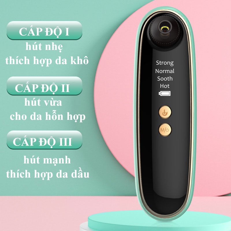 Máy hút mụn cám. Máy hút mụn đầu đen, dụng cụ hút mụn cầm tay, máy hút mụn có chế độ HOT, 3 chế độ 4 đầu thay thế làm sạch lỗ chân lông