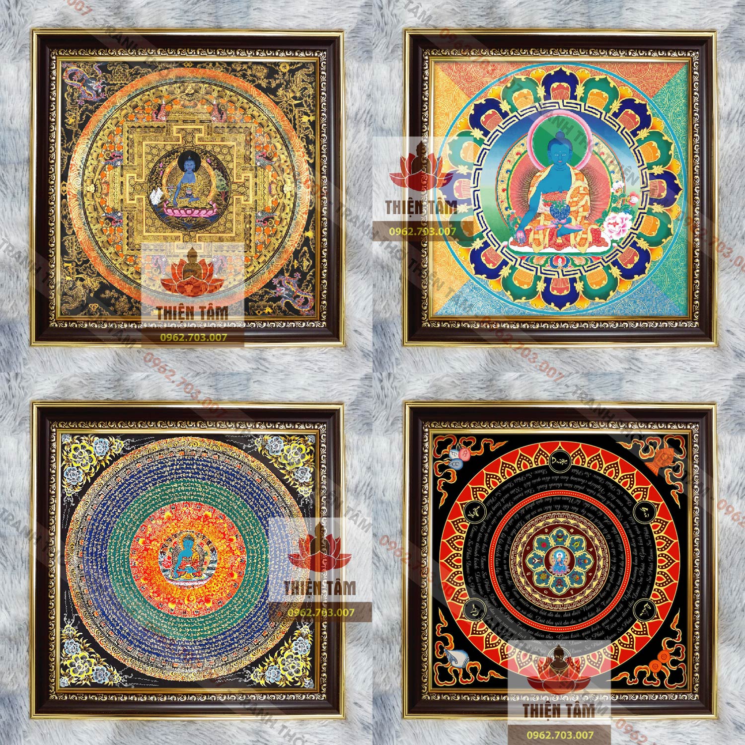 Tranh Chú Dược Sư Mandala 36x36cm bằng vải phủ bóng, khung composite xịn xò