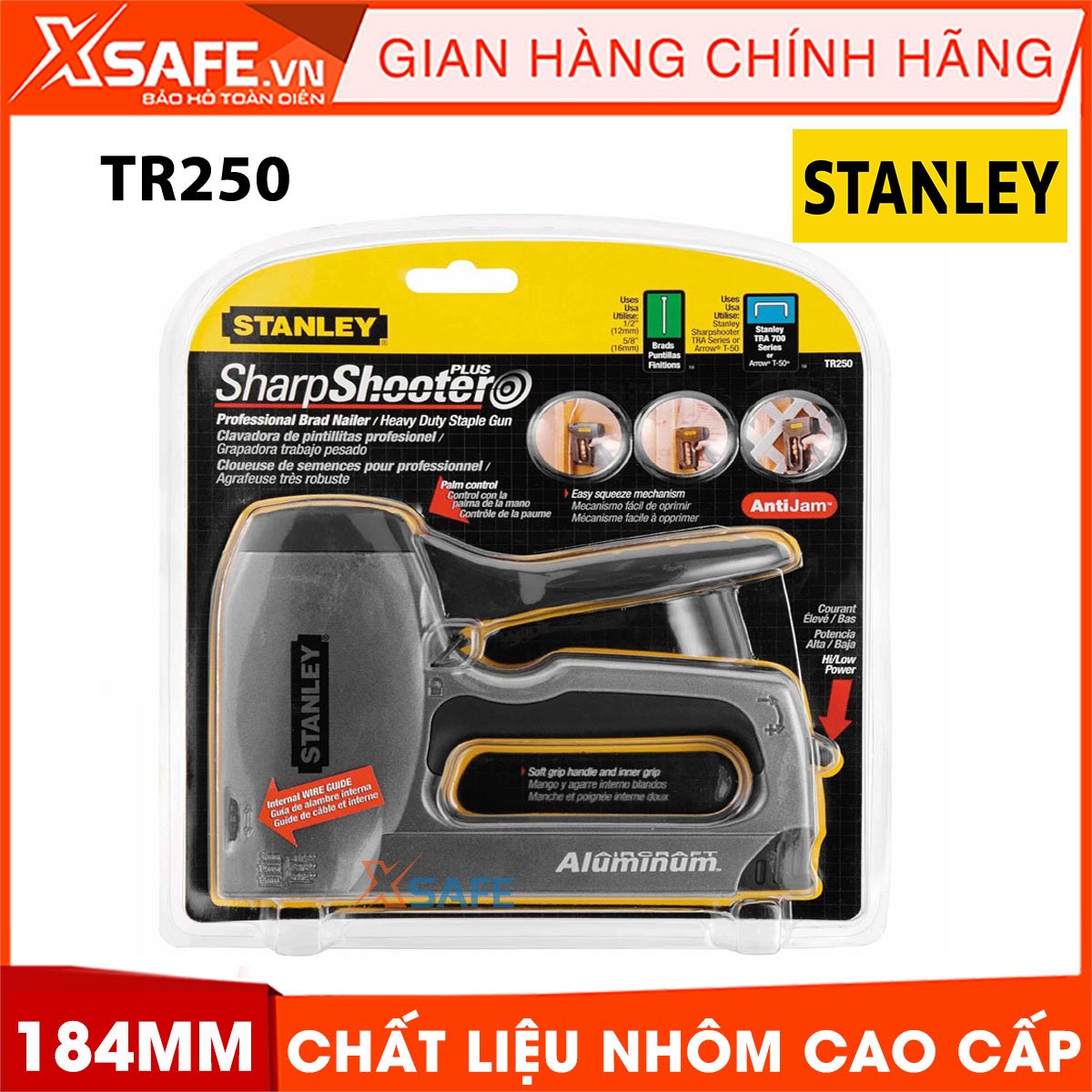 Bấm kim ghim STANLEY TR250 184mm. Bấm kim Stanley thiết kế bắn đinh từ mũi, chất liệu nhôm cao cấp không gỉ sét và chịu lực tốt, có lò xo giúp hoạt động nhẹ nhàng, tay cầm bọc cao su êm ái