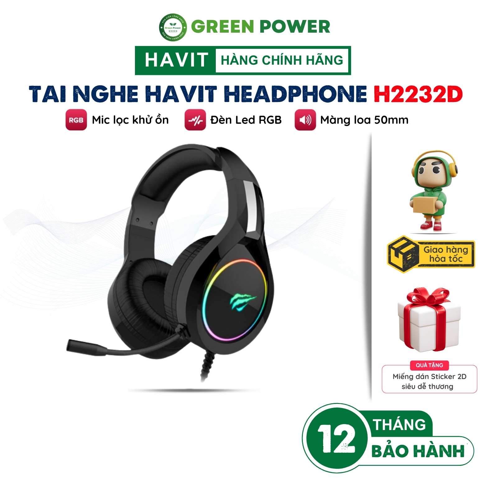 Tai Nghe Chơi Gaming Havit H2232D, Hỗ Trợ Đèn LED RGB, Driver 50mm, Thiết kế Oversize, Headband linh hoạt, Tương Thích Với PC/ PS4/ XBOX/ Điện Thoại/ Máy Tính Bảng - Hàng Chính Hãng Bảo Hành 12 Tháng