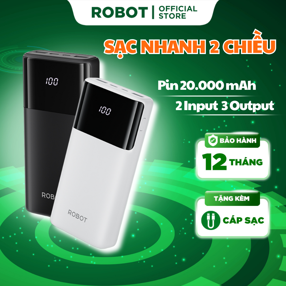 Pin sạc dự phòng Robot sạc nhanh RT22S dung lượng cao 20000 mAh cục sạc led hiển thị pin nhỏ gọn 2 cổng sạc vào 2 cổng sạc ra chất lượng