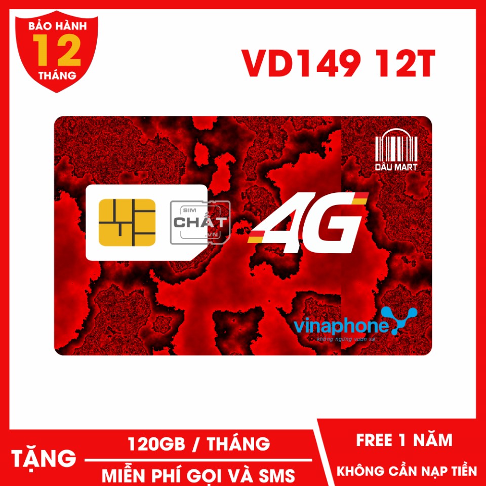 [HCM]SIM 4G Vinaphone VD149 12T Free 1 Năm Tặng 4GB / Ngày + Gọi & SMS Miễn Phí Nội Mạng + Tặng 200 Phút Gọi Ngoại mạng / Tháng Miễn Phí 1 Năm Không Cần Nạp Tiền - Dâu Mart