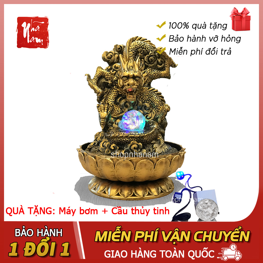 Thác nước phong thủy phi long phun châu, tặng máy bơm Phong Thủy Nhã Nam thác nước rồng vàng nhả ngọc mẫu lớn