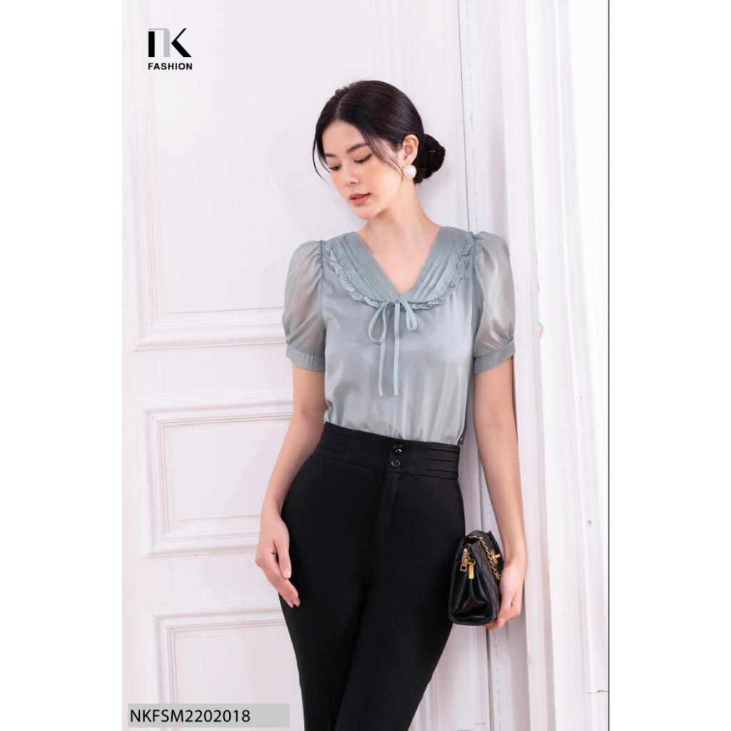 Áo sơ mi nữ cổ chữ v tay bèo nk fashion nkfsm2202018 phong cách điệu đà, sang trọng