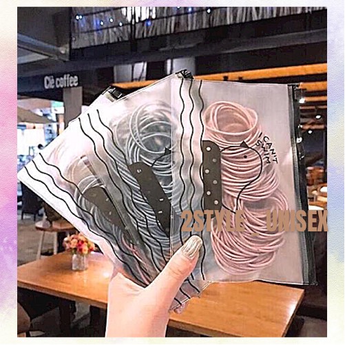 Set 100 chun cột tóc trơn co giãn/ Dây buộc tóc nữ mix nhiều màu tặng kèm túi zip style Ulzzang 2style-unisex