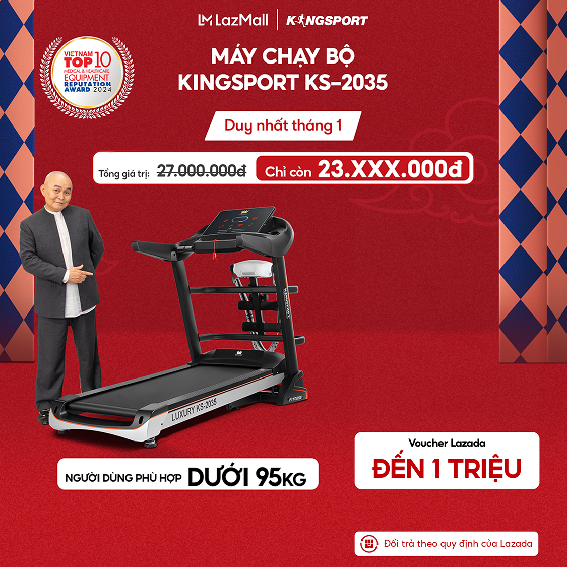  Miễn phí lắp đặt | Máy chạy bộ KINGSPORT KS-2035 đa năng thao tác phím cảm ứng thiết kế sang trọng cứng cáp kèm đai massage và thanh gập bụng 