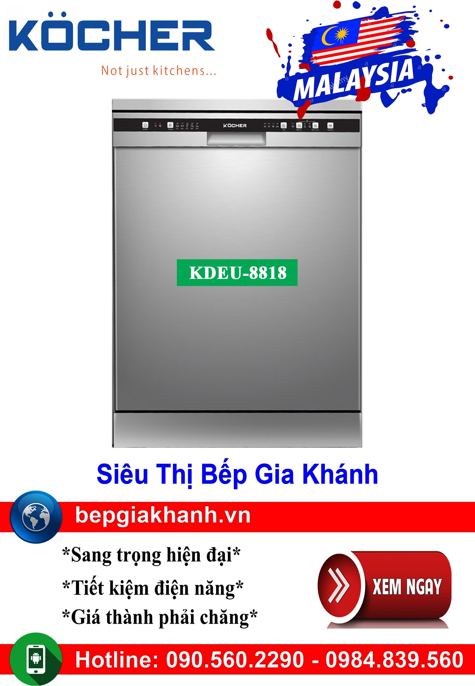 Máy rửa bát Kocher KDEU-8818 - 12 bộ, độc lập/âm tủ, tiết kiệm nước và điện