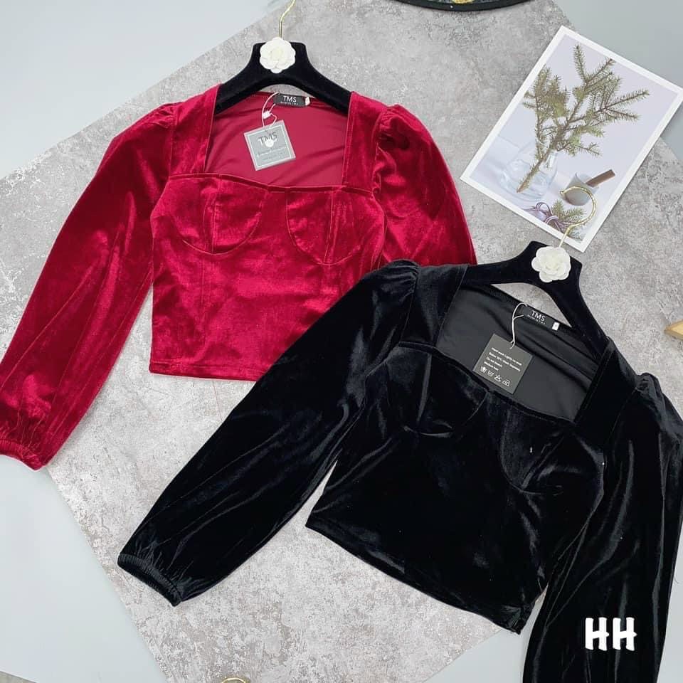 [ CÓ MÚT NGỰC ] Áo Cúp Ngực Cổ Vuông Tay Phồng, Áo Nhung Cổ Vuông Tay Phồng AN42