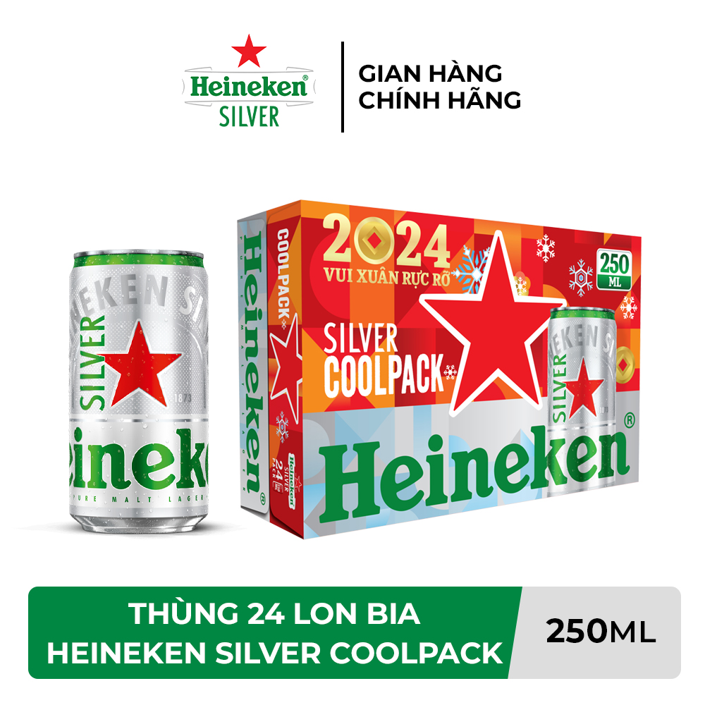 Trợ ship 30k VC 10k Thùng 24 Lon Bia Heineken Silver Coolpack 250ml/Lon Bao bì Xuân