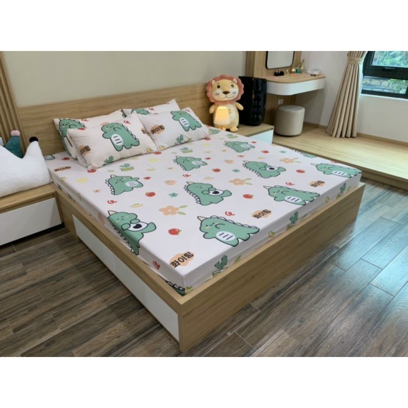 Bộ ga gối cotton Việt hoa khủng long siêu đáng yêu bo chun đủ kích thước