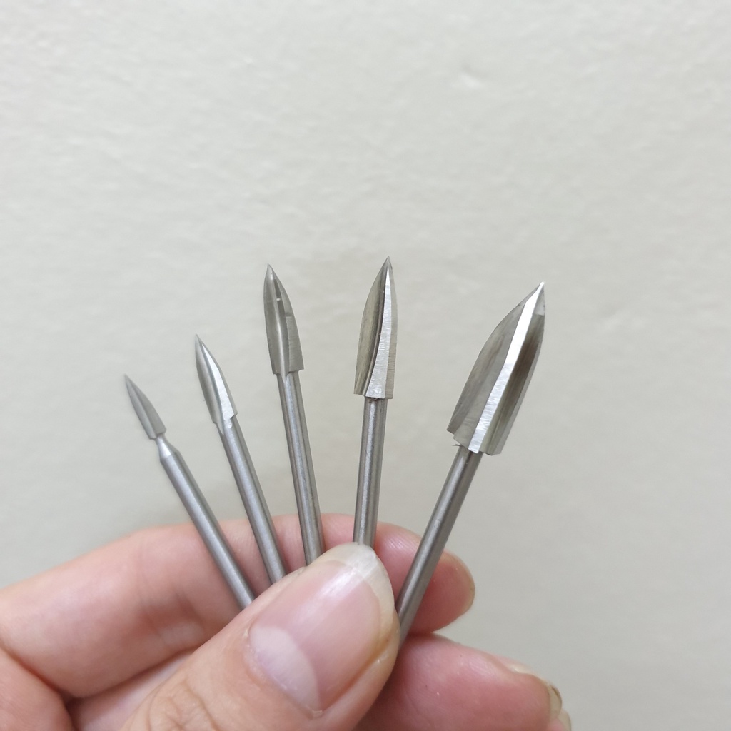 Bộ 5 mũi phá gỗ 3 cạnh cán 2mm hay 2.35mm dùng ok tất cả các dòng máy - mũi điêu khắc gỗ lũa làm bonsai cực nét