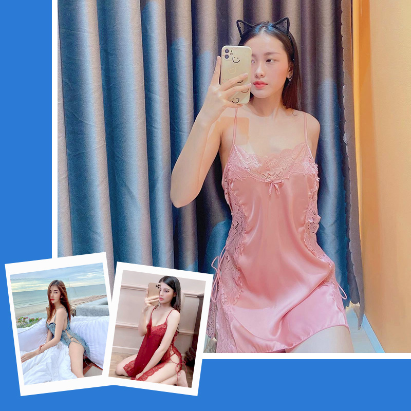 [HCM]Váy ngủ sexy đan dây hông đầm ngủ lụa phối ren gợi cảm với màu hồng san hô sang trọng