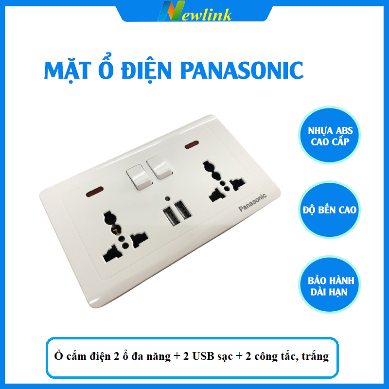 Ổ cắm điện chống giật 2 ổ cắm đa năng, 2 USB, 2 công tắc Panasonic màu trắng lắp âm tường TẶNG ĐẾ