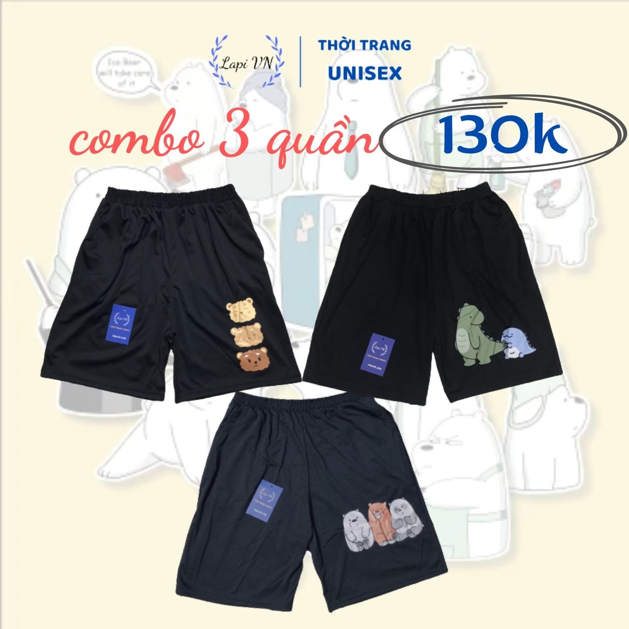 COMBO 3 Quần Short Hoạt Hình (mẫu 6) -Lapi VN ,FREESIZE đến 65kg, Nam Nữ Đều Mặc Được