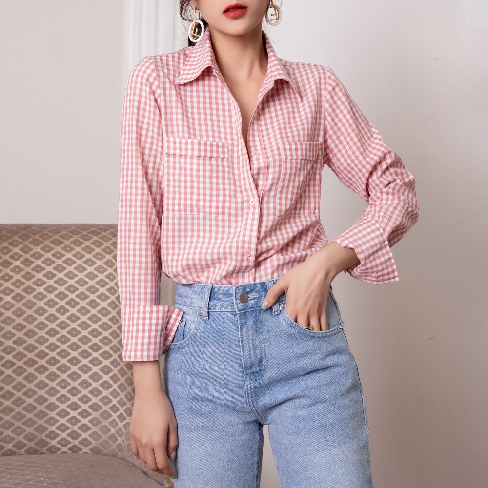 Sơ mi lụa MASARA họa tiết CARO HỒNG, kiểu dáng sang trọng, chuẩn phom, chất KATE SILK mềm, mịn, mướt