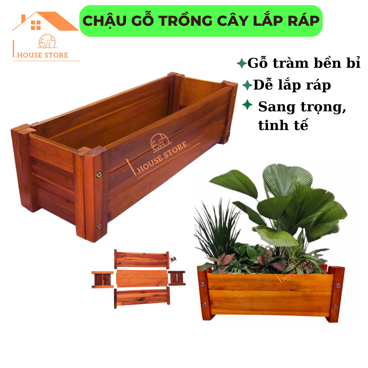 Chậu chữ nhật trồng cây ban công mẫu mới đẹp chất liệu gỗ, chậu gỗ trồng hoa, chậu gỗ decor hình chữ nhật đẹp KT d85xr30xc30cm- Freeship