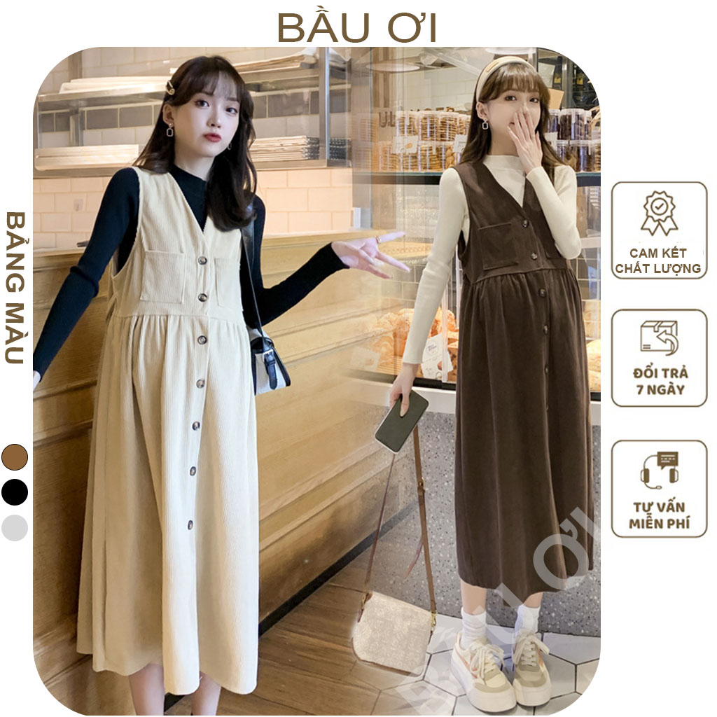 Set váy bầu thu đông gồm yếm và áo dài tay chất nhung tăm - đầm bầu công sở mùa đông thiết kế dạng yếm