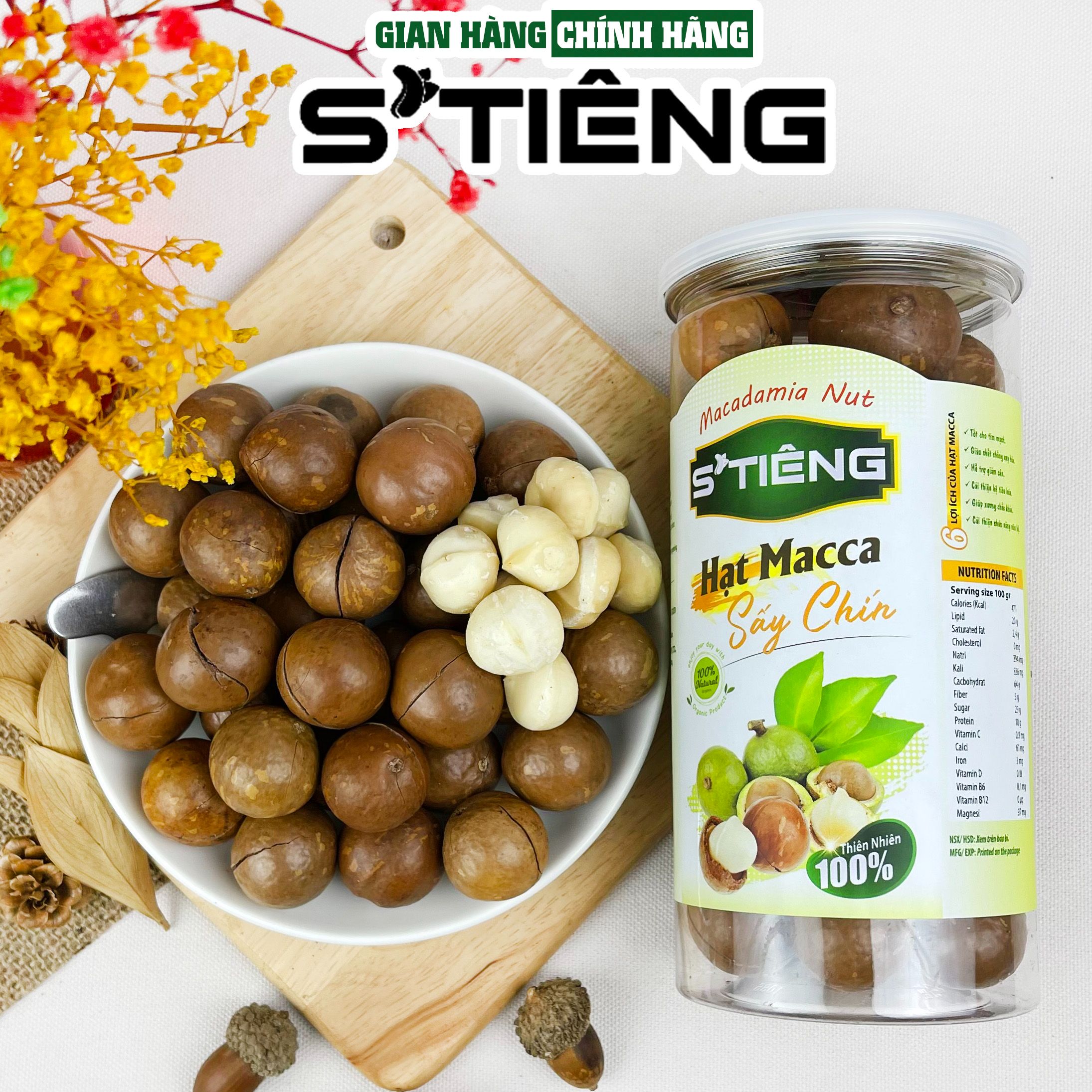 Hạt macca sấy chín nứt vỏ stiêng chuẩn vị hộp pet 500gr