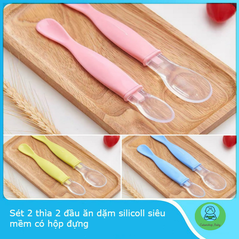 Sét 2 thìa 2 đầu ăn dặm silicon siêu mềm có hộp đựng