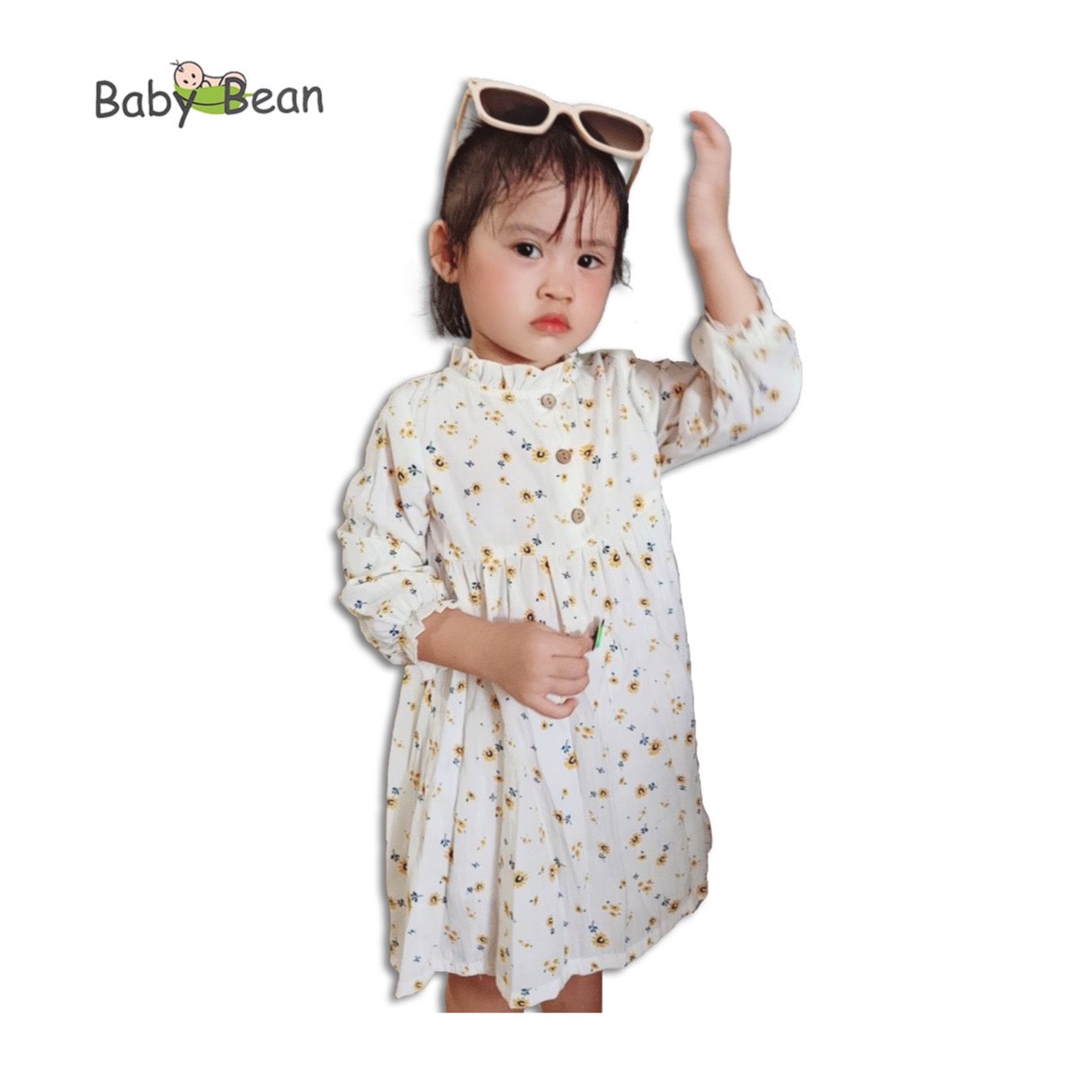 Váy đầm đũi cổ tàu bèo nhún hoa nhí bé gái babybean