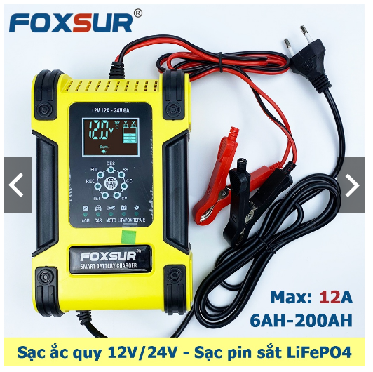 Sạc ắc quy 12V/12A- 24V/6A,  6Ah - 200Ah FOXSUR, sạc được nhiều loại ắcquy, tự ngắt khi đầy, có  khử sunfat