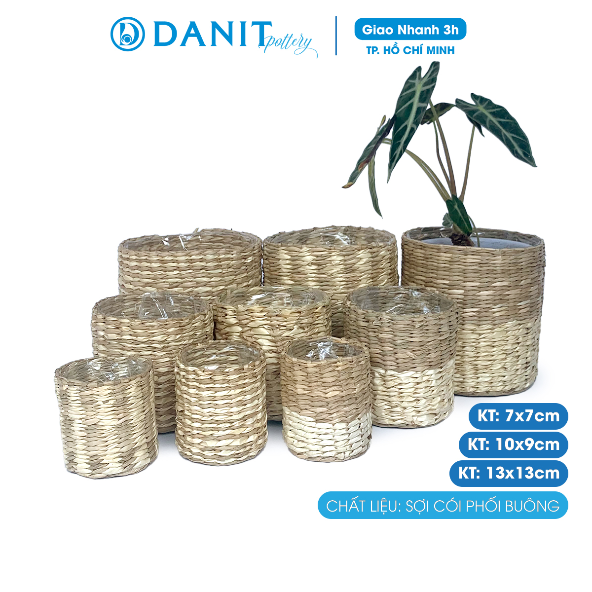 Giỏ cói tự nhiên phối lá buông đan thủ công - Giỏ cắm hoa để bàn - Đựng đồ decor