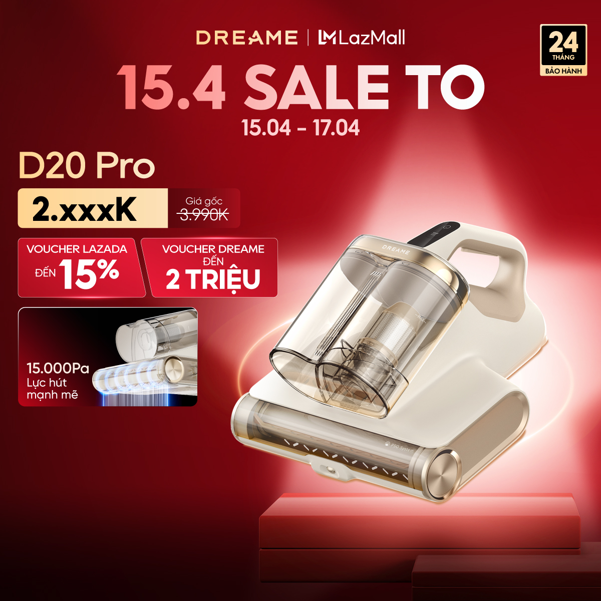 Máy hút bụi giường nệm diệt khuẩn UV, lọc bụi mịn Dreame D20 Pro- Bản quốc tế - Bảo hành 24 tháng