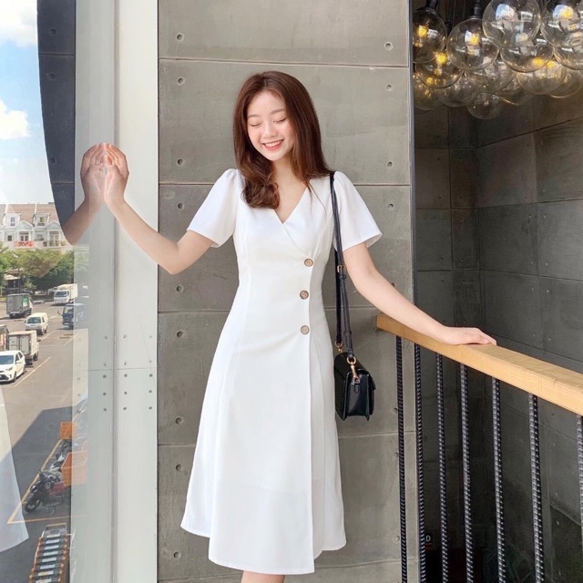 Đầm váy nữ đi chơi cổ v nút dừa thanh lịch màu trắng xanh đen kem