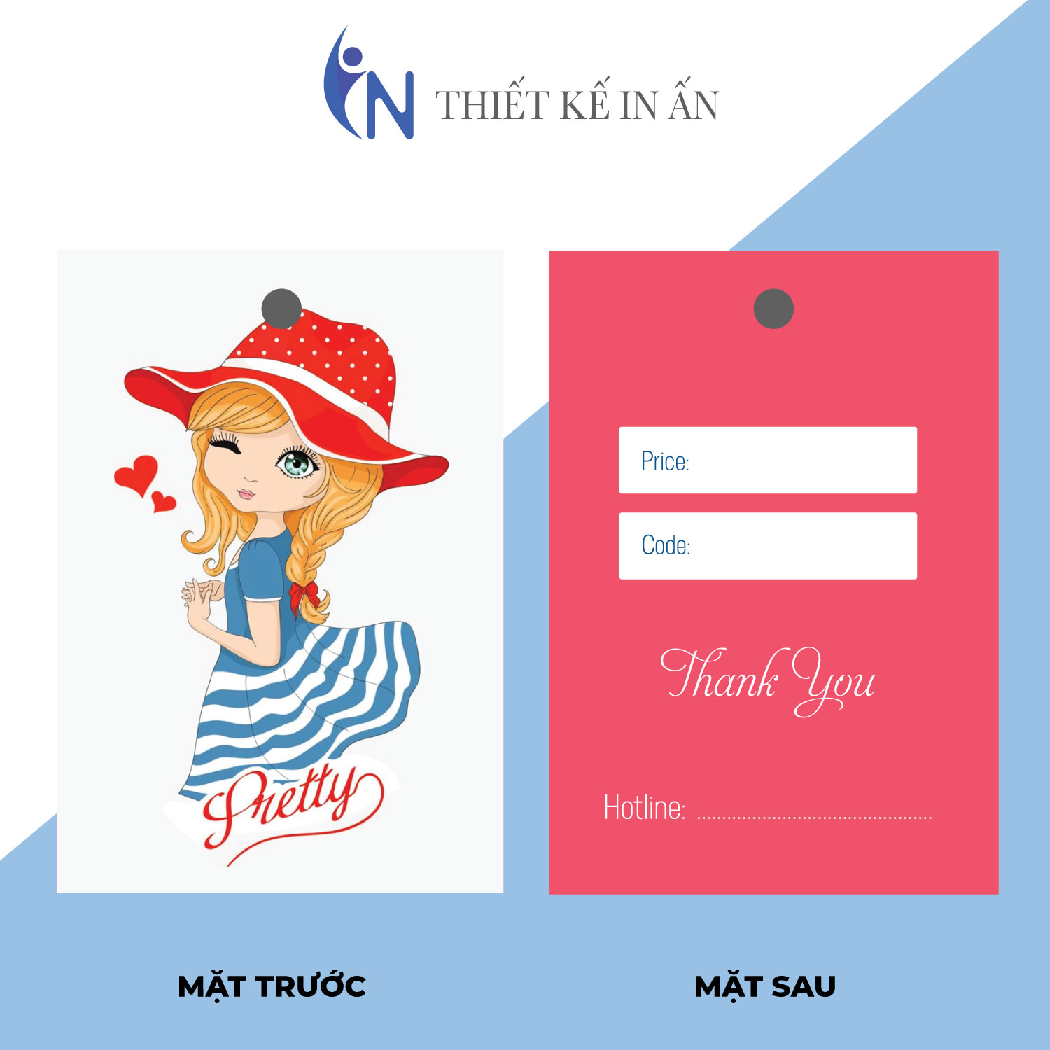 Mác quần áo, Tag nhãn quần áo,  IN GIÁ RẺ cho shop bán hàng quần áo thời trang, bìa cứng, cán màng chất lượng cao - Gói 100 bộ - size 4x5cm