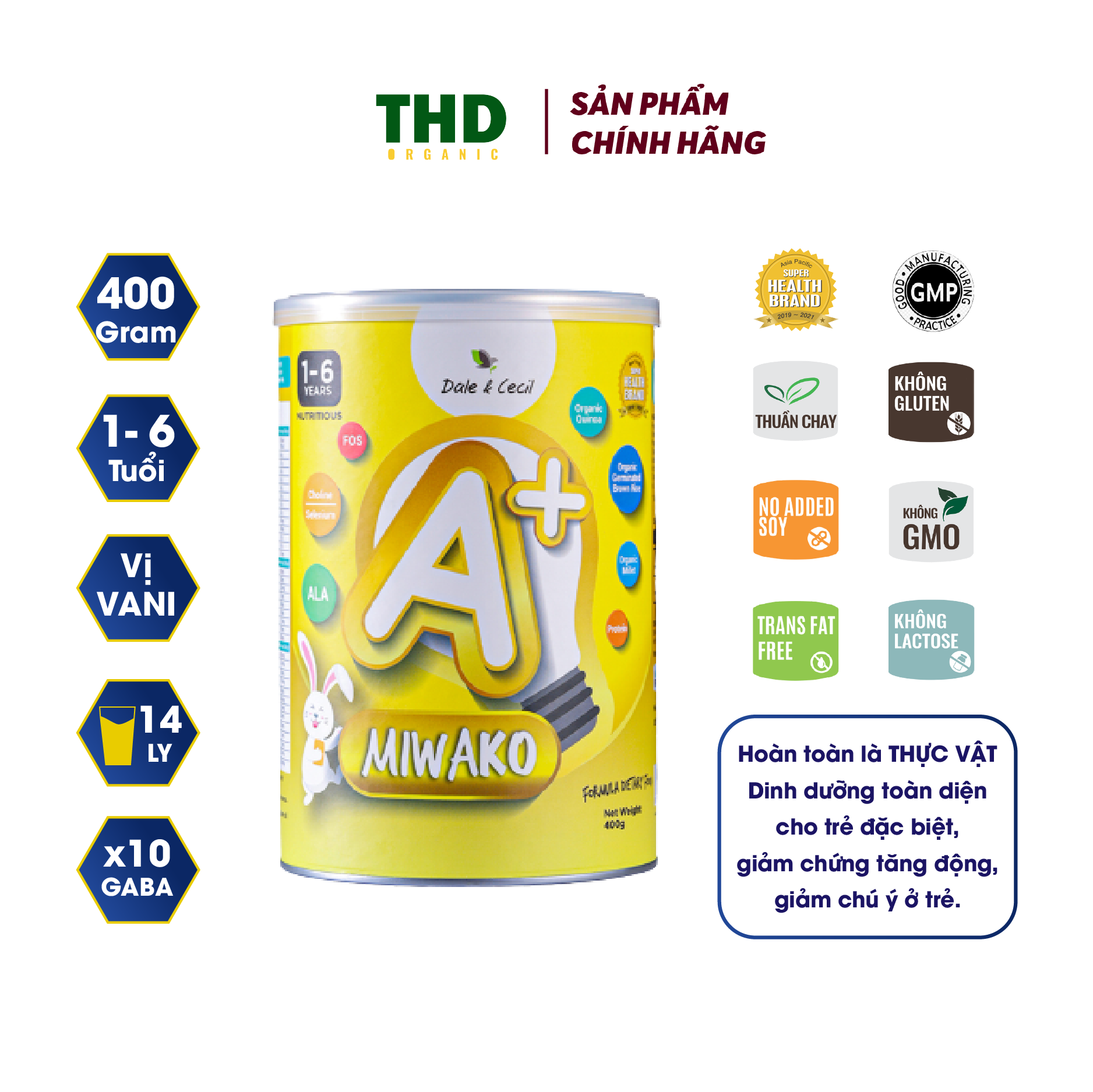 Sữa hữu cơ tăng trưởng cho bé tự kỷ miwako a+ vị vani hộp 400g nhập khẩu malaysia - thd store
